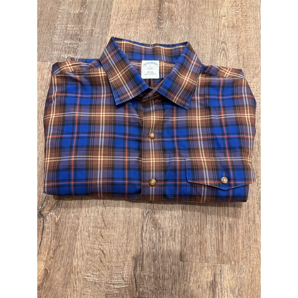 Brooks Brothers 346 Shirt Men's Large Slim Fit Blue Plaid Classic Casual‎ Cotton